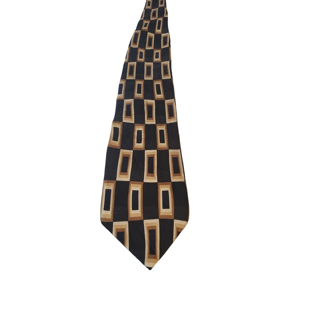 Giorgio Brutini Silk Necktie Tie Black‎ Cream Geometric Print Business Offie